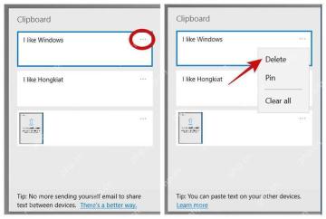 Windows10 剪贴板历史记录项目菜单中的 Delete、Pin 和 Clear all 命令
