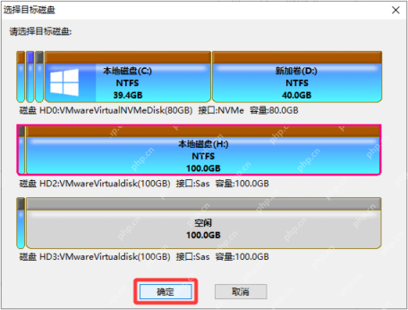 Windows中文 DiskGenius 选择目标磁盘对话框显示目标盘列表和清空风险,证明硬盘克隆前要再次确认目标磁盘会被覆盖。