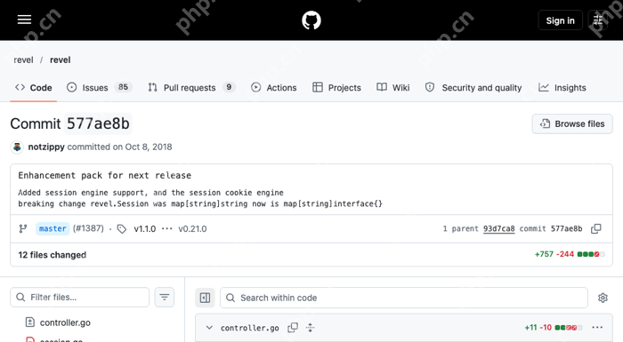 Revel 官方提交记录标出 Session Engine 支持及 controller.Session 从 map[string]string 改为 map[string]interface{} 的破坏性变更