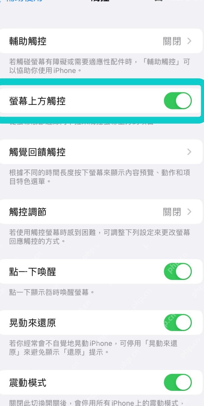 iPhone 触控页面中屏幕上方触控开关为绿色开启状态,对应简体中文便捷访问
