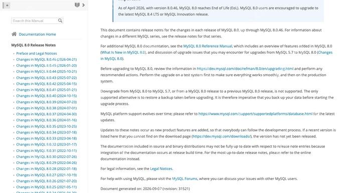 MySQL 8.0文档提示8.0.46后进入EOL的官方页面截图,证明新闻主体和更新来源