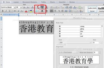 Word 功能区中的拼音指南按钮和已选中文档正文，对应打开拼音指南这一步
