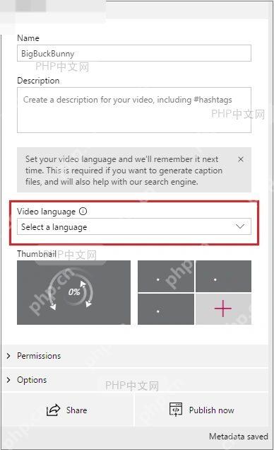 Microsoft Stream 右侧 Video settings 设置面板,显示 Transcript and captions 转录和字幕区域,用于进入字幕设置