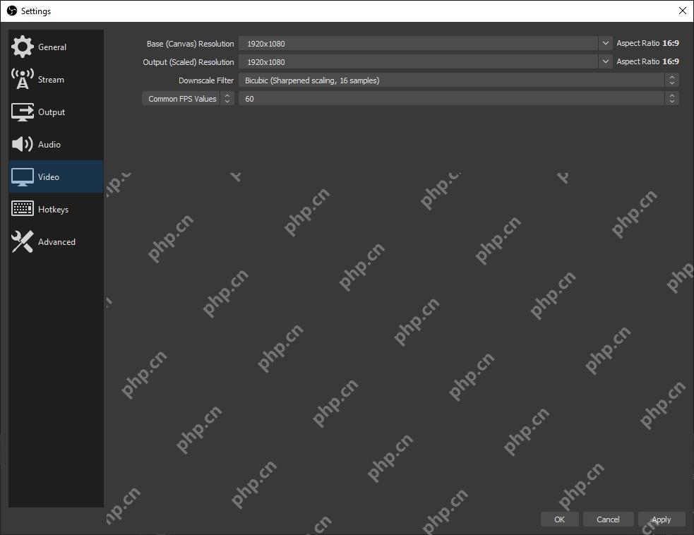OBS Studio 官方视频设置页显示 Base Canvas Resolution 和 Output Scaled Resolution