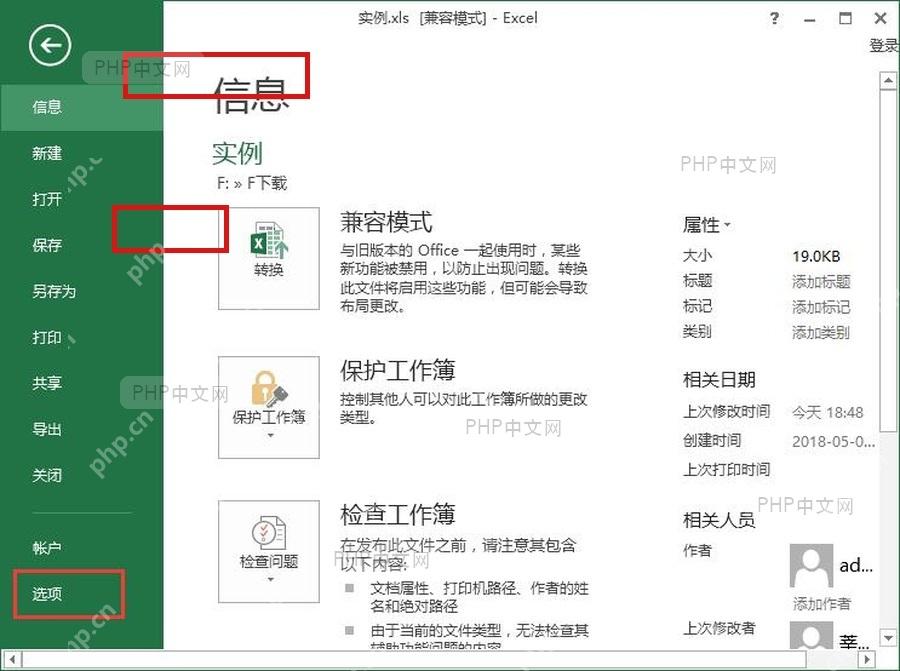 Excel 文件信息页中显示兼容模式，用于确认目标工作簿是否为 .xls 老格式