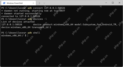 Windows 11 PowerShell 中执行 adb connect 127.0.0.1:58526 并列出 WSA 设备