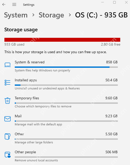 Windows 11 存储设置中 System & reserved 分类占用空间