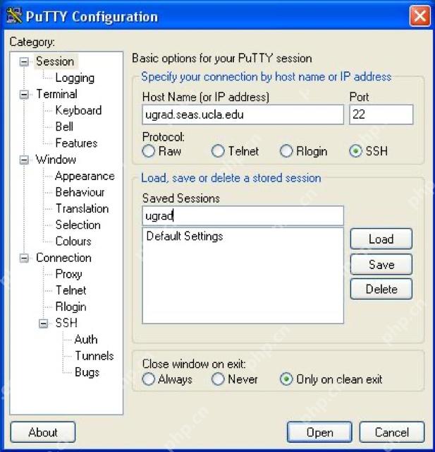 PuTTY Session 页面填写服务器地址和 SSH 端口