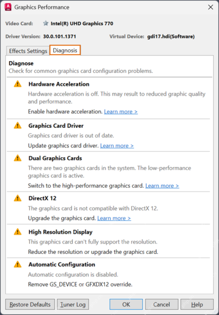 Windows AutoCAD Graphics Performance 对话框 Diagnosis 选项卡截图，证明闪退时还要查看 Graphics Card Driver、DirectX 12 和 Automatic Configuration 诊断状态。