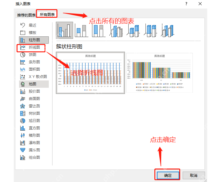 Excel 插入图表窗口中选择折线图,用来生成控制图