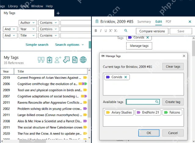 EndNote 21 Windows Manage Tags 对话框用于选择已有标签或创建新标签