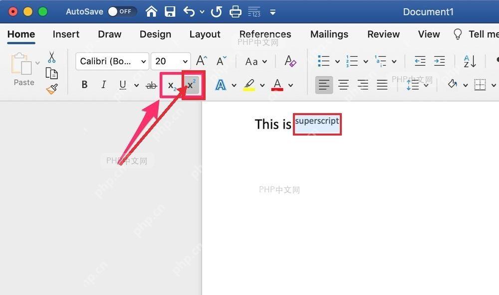 Word 开始选项卡中点击 x2 上标按钮,并在正文里看到字符抬高效果