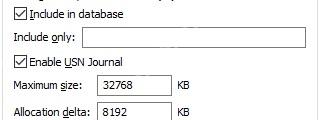监控变化选项位于 NTFS 磁盘设置区,正对应新文件实时出现。 Everything NTFS 页面,Enable USN Journal、Monitor changes 和 Recent changes 最大值设置可见。