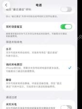 iPhone 电话设置页面中实时语音留言开关处于打开状态