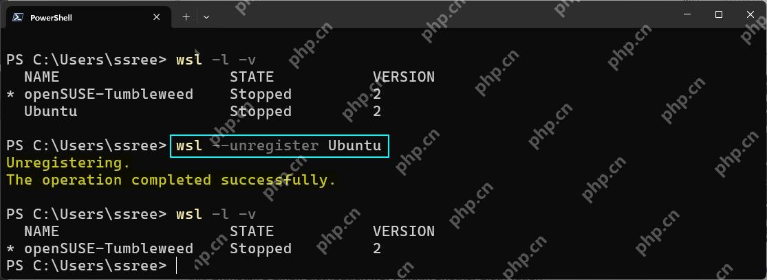 PowerShell 先查看 WSL 发行版列表再注销 Ubuntu