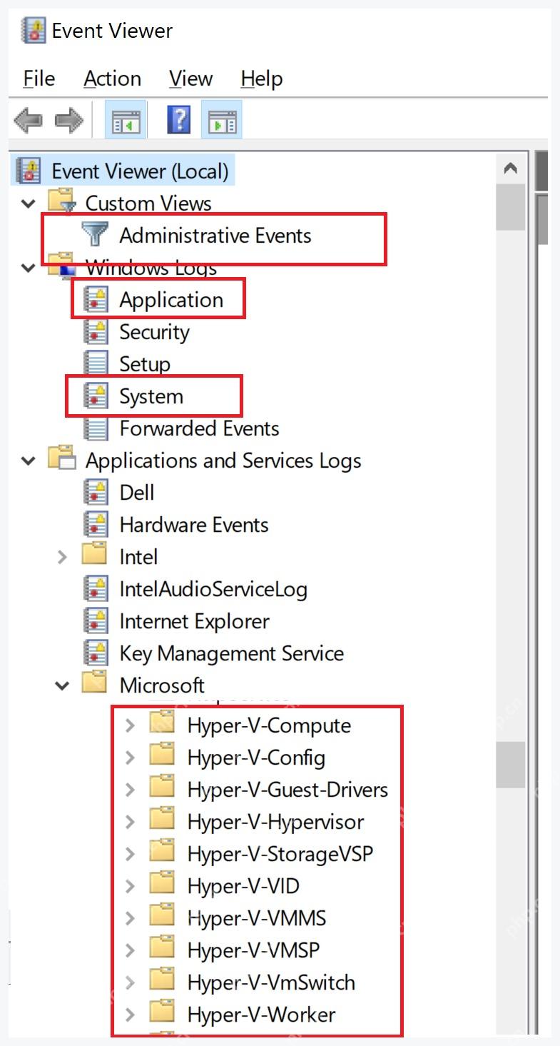 Windows Event Viewer 左侧 Windows Logs 和 Hyper-V 日志入口
