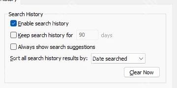 搜索历史开关和 Clear Now 按钮位于同一区域。 Everything History 页面上方,Enable search history、Keep search history 和 Clear Now 按钮可见。