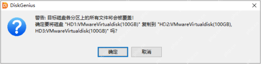 Windows中文 DiskGenius 克隆磁盘警告窗口显示目标盘覆盖提示,证明模式选定后还要结合覆盖风险做最后确认。