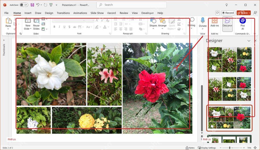 PowerPoint 设计器面板中为多张图片提供拼图版式