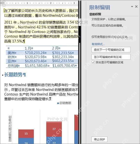 Word 右侧限制编辑窗格和停止保护按钮