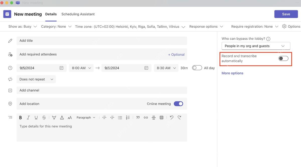 Microsoft Teams 会议自动录制和转录设置界面