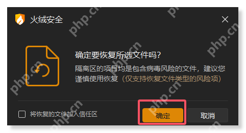 Windows 版火绒安全弹出恢复确认窗口并高亮恢复按钮,证明恢复 Steam 游戏文件前要在确认框再次执行恢复。