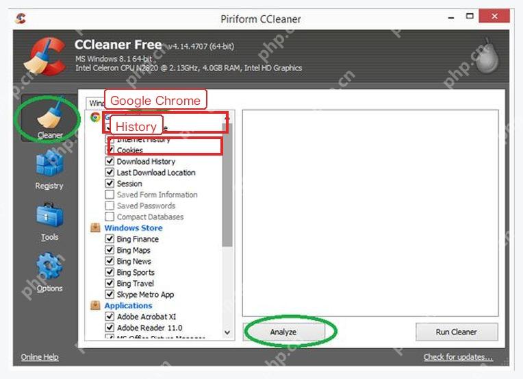 CCleaner Windows 电脑端 Cleaner Applications 里的 Google Chrome History 勾选项