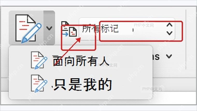 Word审阅选项卡中所有标记下拉框的位置