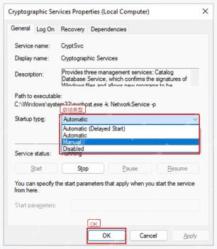 Windows 服务属性窗口中 Startup type 启动类型下拉菜单