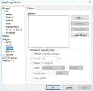 Folders 页面是添加网络共享和映射盘索引的位置。 Everything Folders 页面,左侧选中 Folders,右侧包含文件夹列表和添加按钮。
