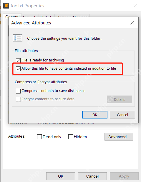 Win10 高级属性窗口中 Allow this file to have contents indexed 选项被勾选