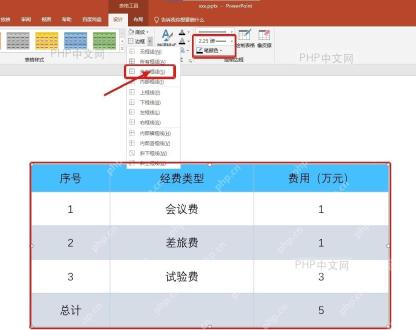 PowerPoint 表格工具设计选项卡中选择外侧框线和线条粗细