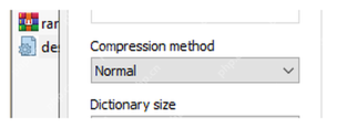 WinRAR 创建窗口显示 Compression method 下拉框,对应调整压缩方式。