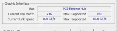 CPU-Z Mainboard 页面 Graphic Interface 区域显示 Current Link Width 和 Current Link Speed