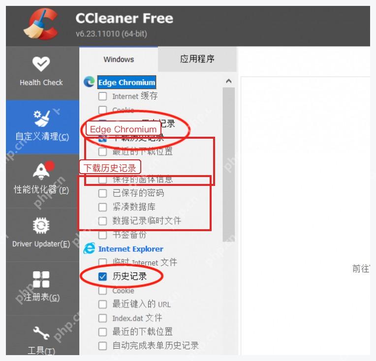 CCleaner 中文 Windows 电脑端自定义清理 Edge Chromium 下载历史记录勾选项