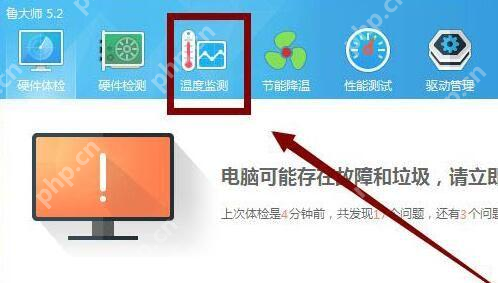 鲁大师电脑端主界面,顶部温度监测入口被红框标出。