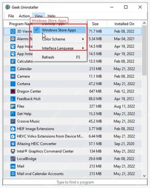 Geek Uninstaller View 菜单中的 Windows Store Apps 视图