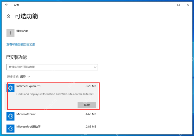 Win10 可选功能页面，展开的 Internet Explorer 11 项显示卸载按钮