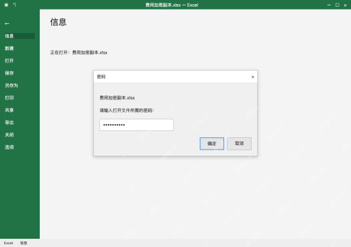 模拟 Microsoft Excel Windows桌面版 完整窗口：保存关闭后重开，出现打开密码提示再核对