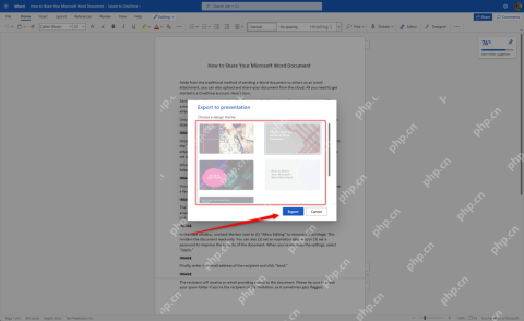 Word 网页版导出 PowerPoint 时选择演示文稿主题并点击 Export