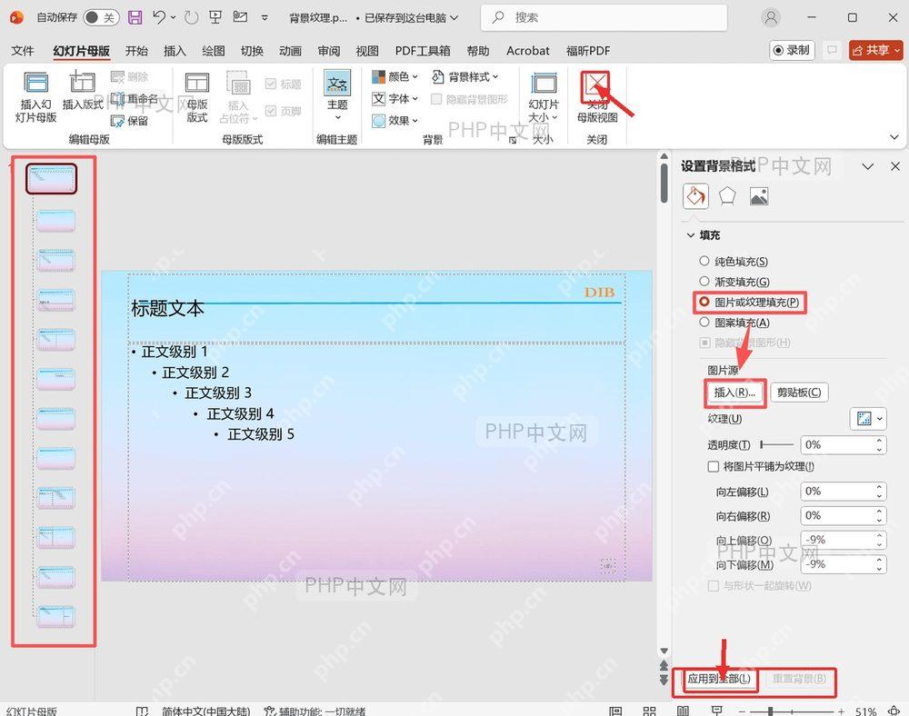 第六步：应用到全部并关闭，中文 PowerPoint 母版界面中标注对应按钮和设置区域