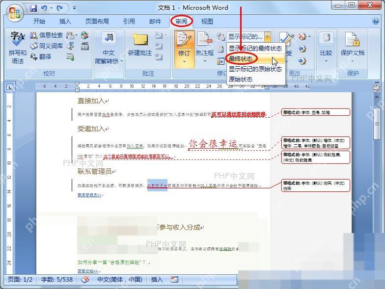 Word 审阅选项卡中显示标记下拉框、修订按钮和右侧批注气泡,用于确认文档仍有批注或修订标记