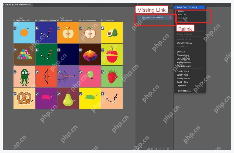 Illustrator Links 面板中选中丢失链接并打开 Relink 命令