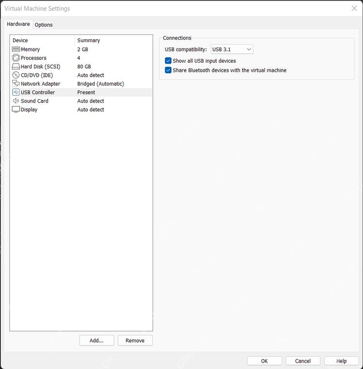 VMware Workstation Virtual Machine Settings 窗口选中 USB Controller 并显示 USB compatibility