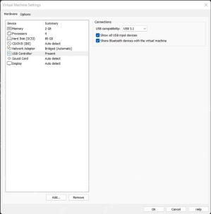 VMware Workstation Virtual Machine Settings 窗口选中 USB Controller 并显示 USB compatibility