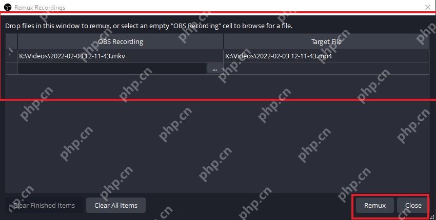 OBS Studio Remux Recordings 窗口显示 OBS Recording 和 Target File
