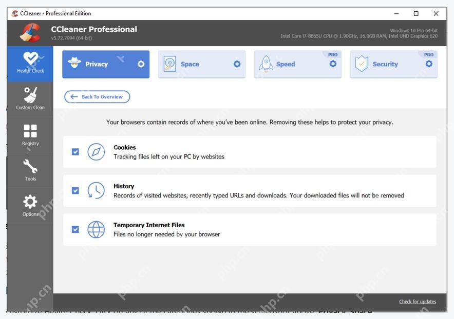 CCleaner Windows 电脑端 Health Check Privacy 页面中的 Cookies History Temporary Internet Files