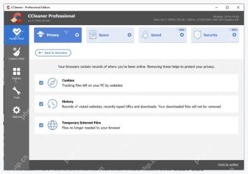 CCleaner Windows 电脑端 Health Check Privacy 页面中的 Cookies History Temporary Internet Files