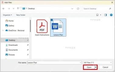 Adobe Acrobat 添加文件窗口中选中文件并点击 Open