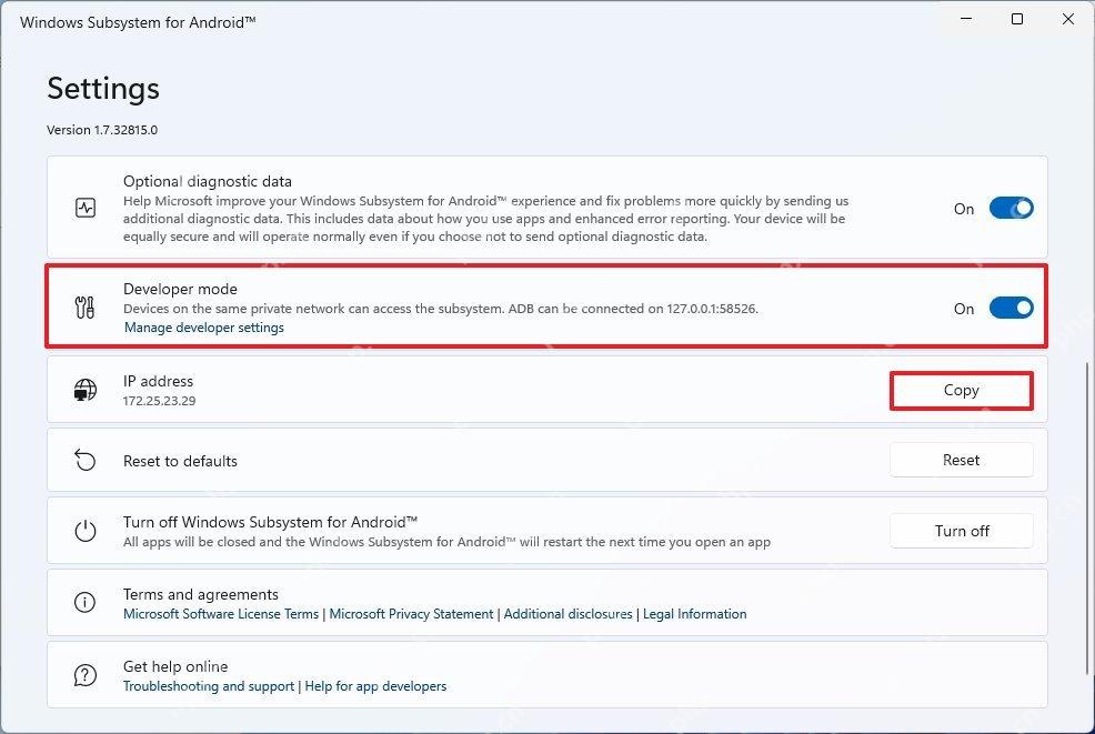 Windows Subsystem for Android 设置页显示 Developer mode 和 IP address